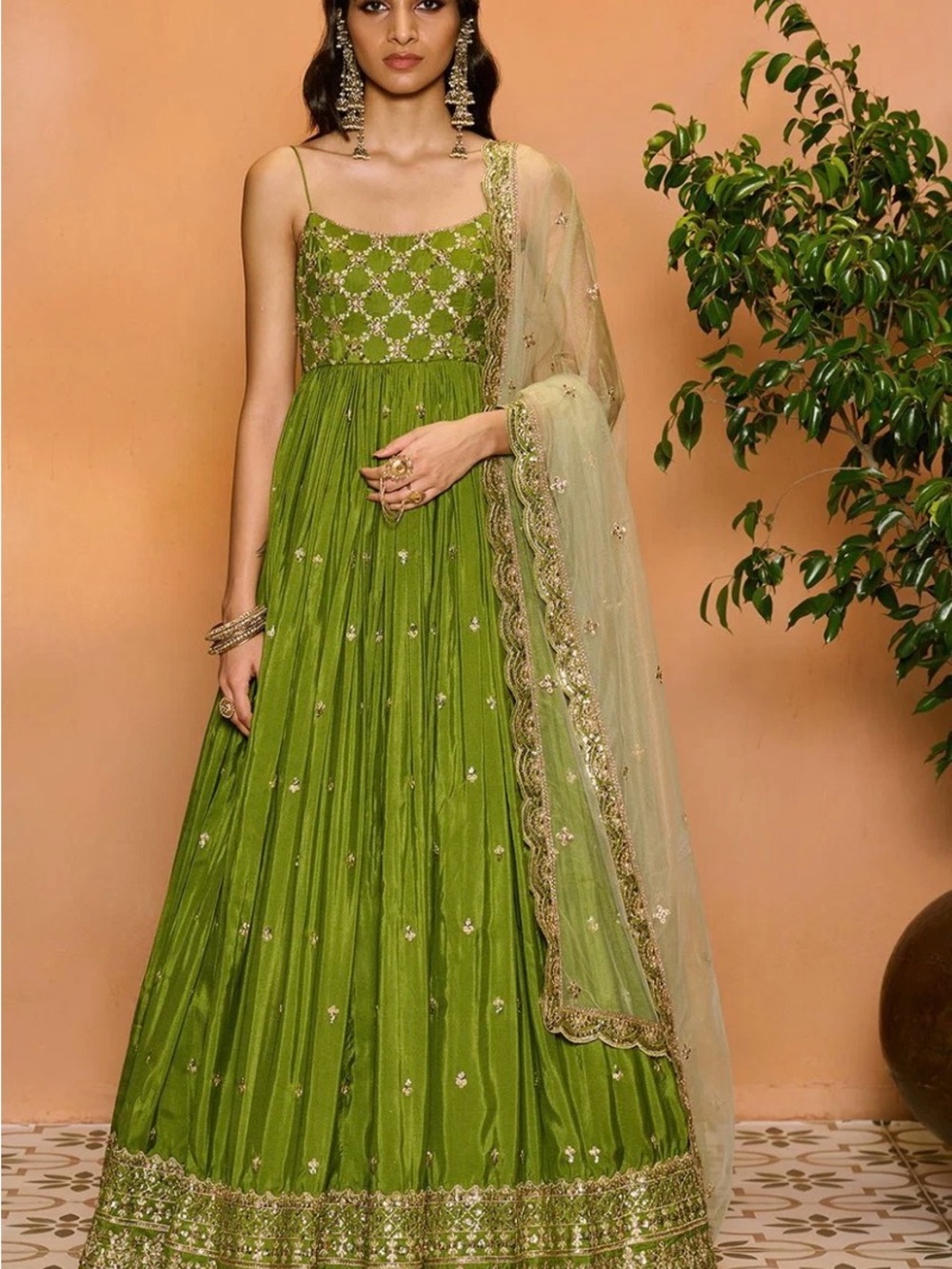 Elegant Olive Green Embroidered Women’s Anarkali Dress with Dupatta